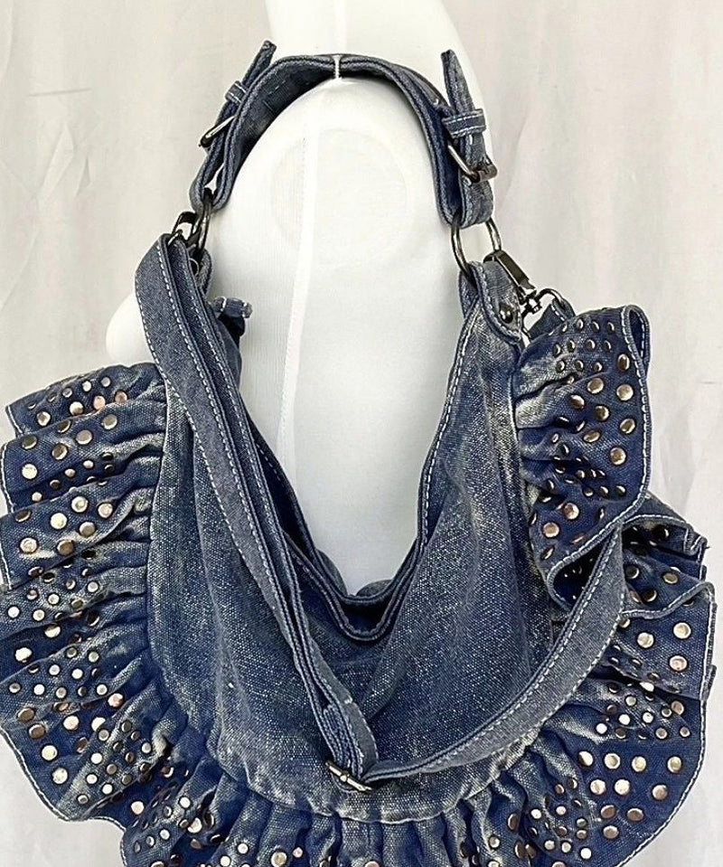 European and American Large Capacity Ruffled Rivet Denim Shoulder Bag