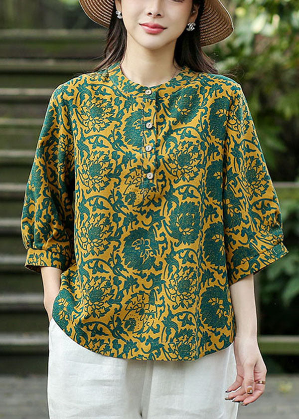Handmade Yellow O-neck Green Print Linen Shirt Top Bracelet Sleeve