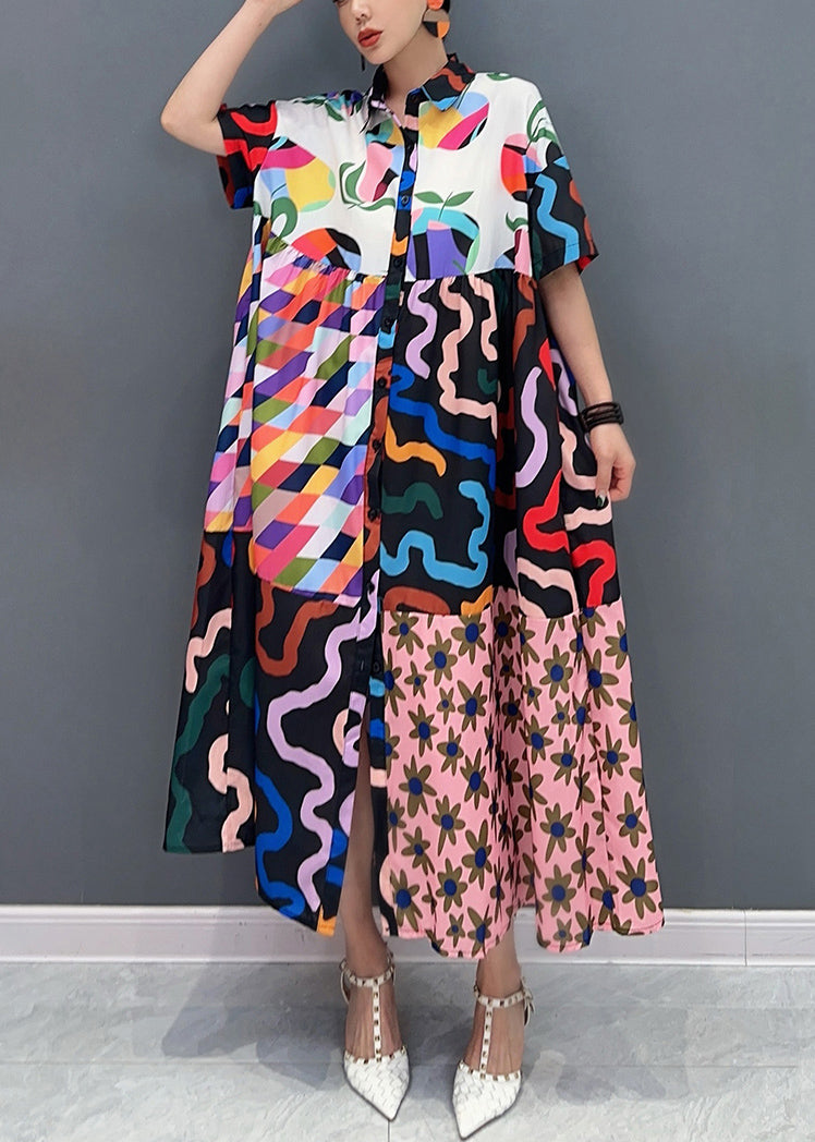 Photo Color Button Print Pockets Cotton Shirt Dress Summer