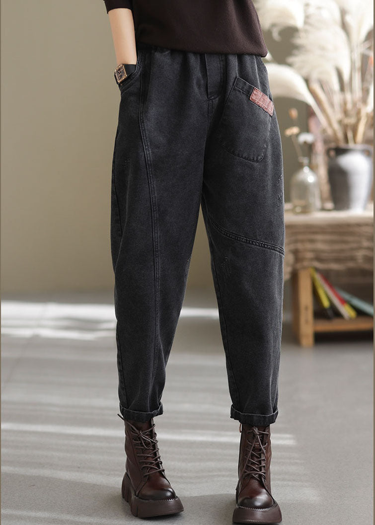 Blue Elastic Waist Pockets Cotton Denim Pants Spring