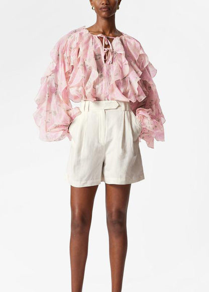 Pink Ruffled Patchwork Chiffon Shirt Tops Fall