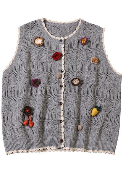 Natural Grey Hollow Out Button Fall Knit Vest