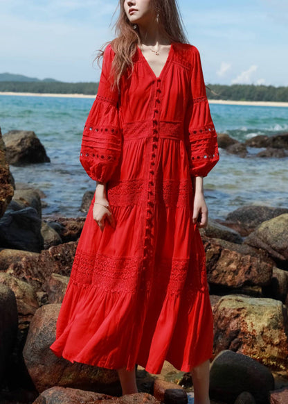 Red Hollow Out Lace Button Shirts Dress Lantern Sleeve