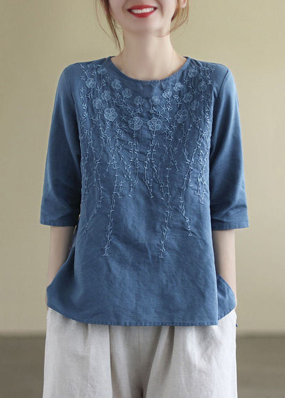 French Navy O-neck Embroideried Cotton Blouses Half Sleeve
