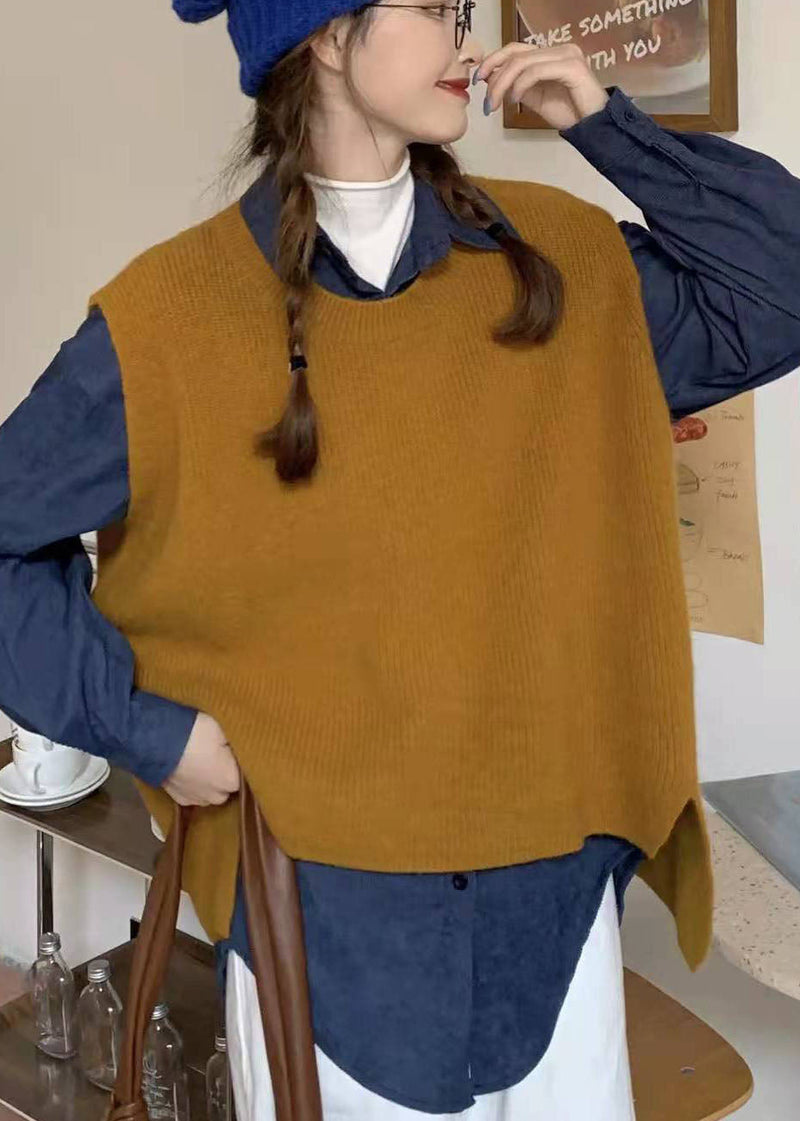 Yellow Two Piece Set Knit Vest + Corduroy Shirts Spring