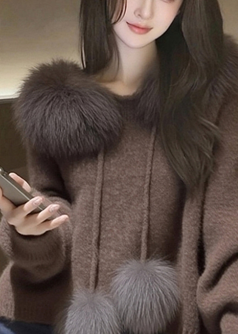 Modern Brown Hooded Patchwork Faux Fur Knit Sweater Tops Spring