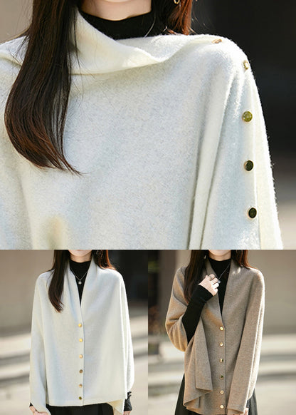 Original White Asymmetrical Button Woolen Knit Cape Sweaters Winter