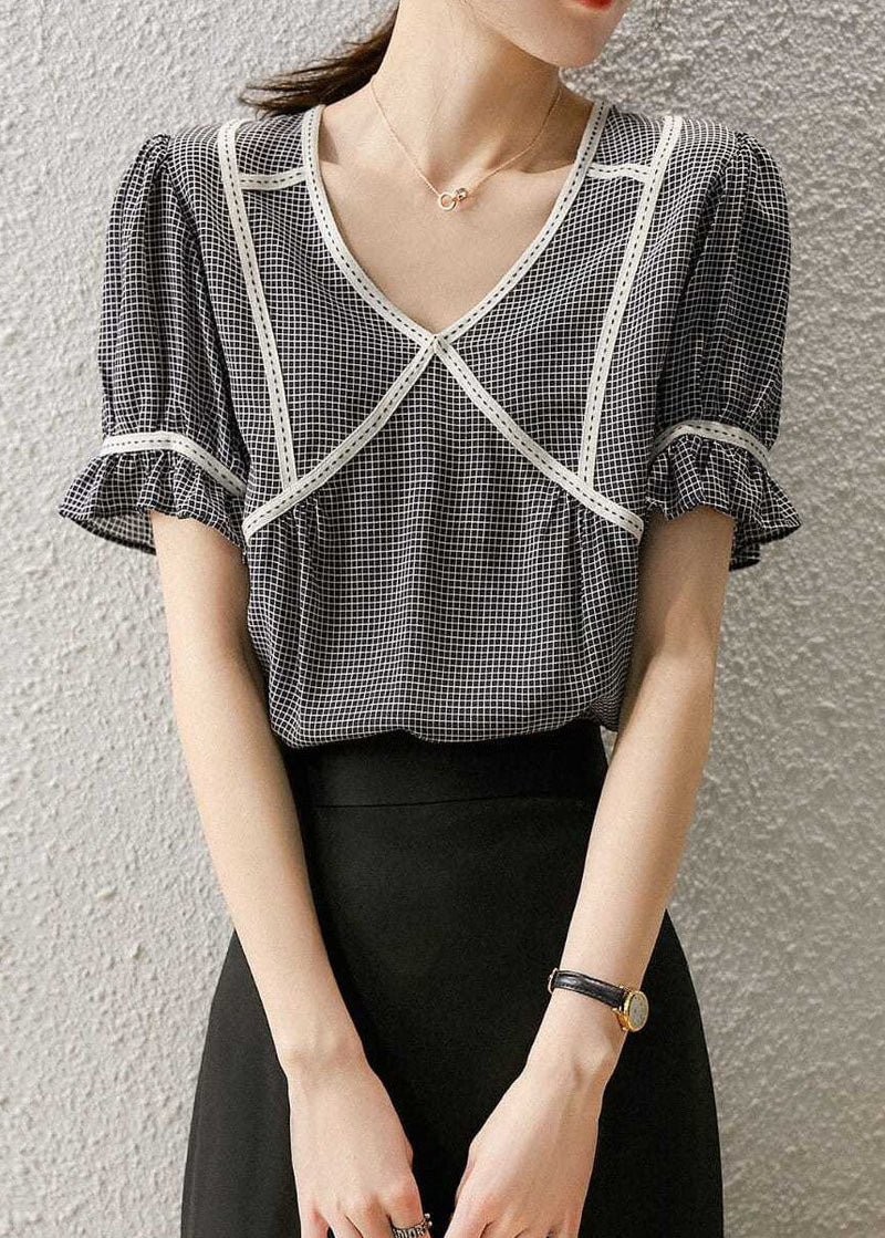 Small Plaid Ruffled Patchwork Silk Tops Summer