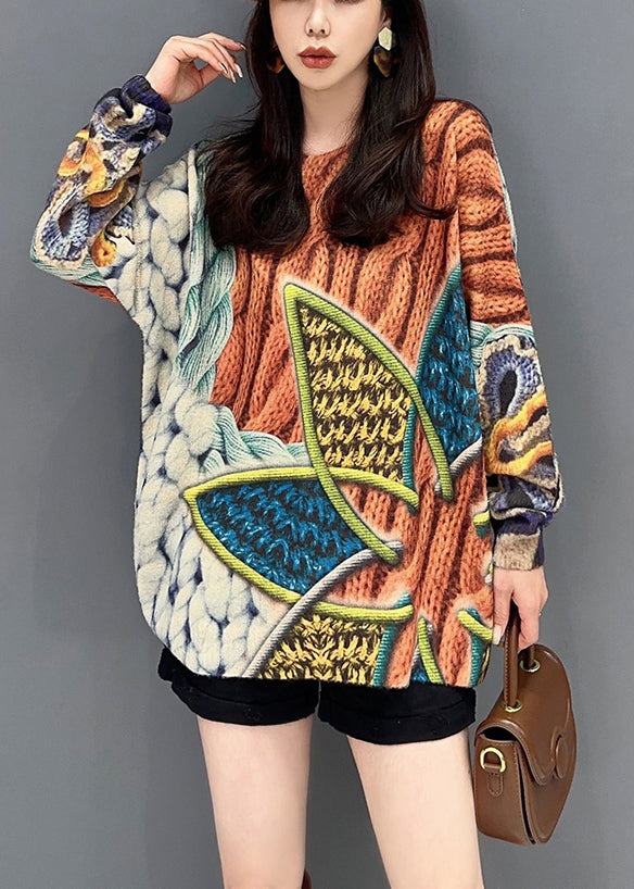 Orange O Neck Print Cozy Knitted Cotton Top Long Sleeve