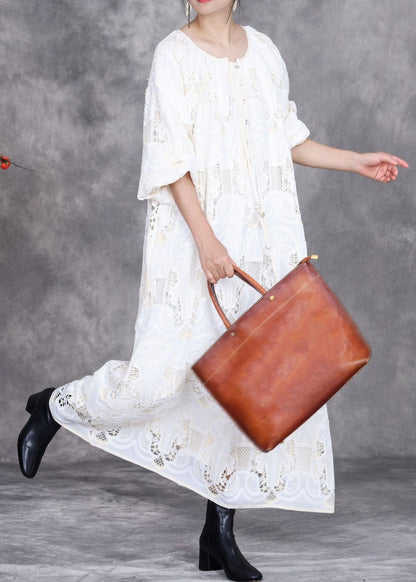 White Embroidered Hollow Out Long Dress Half Sleeve