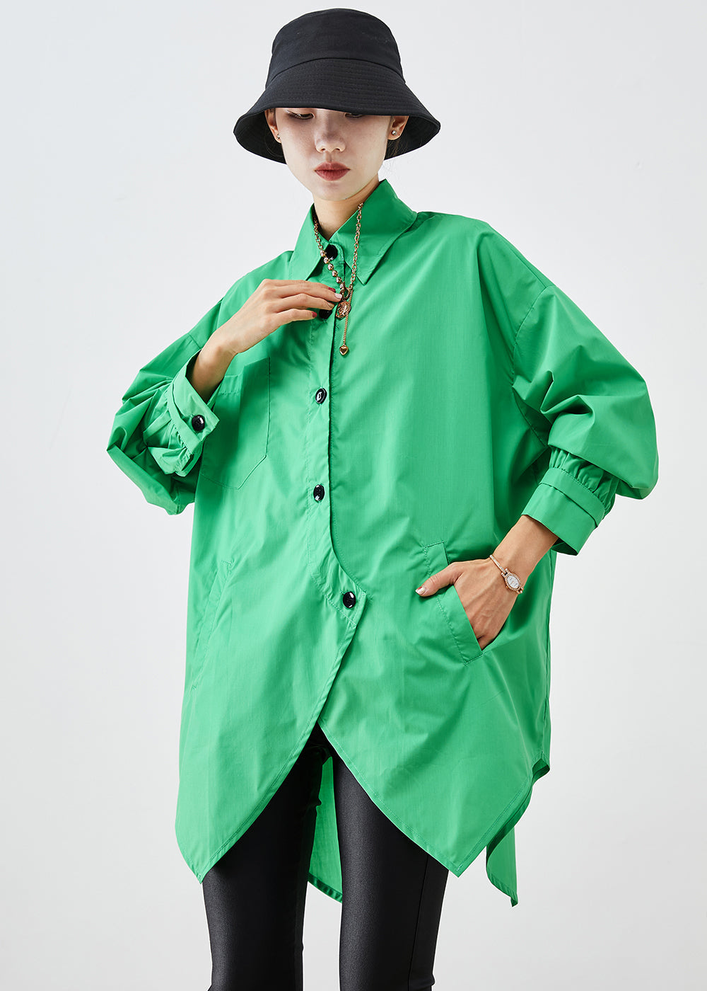 Green Asymmetrical Button Down Cotton Shirt Fall