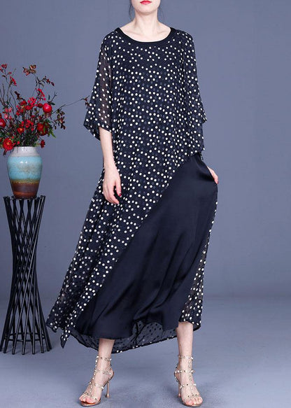 Black Patchwork Dot Summer Silk Sundress Half Sleeve