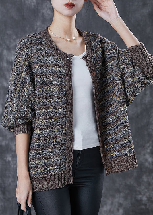 Coffee Striped Knit Cardigans Oversized O-neck Spring