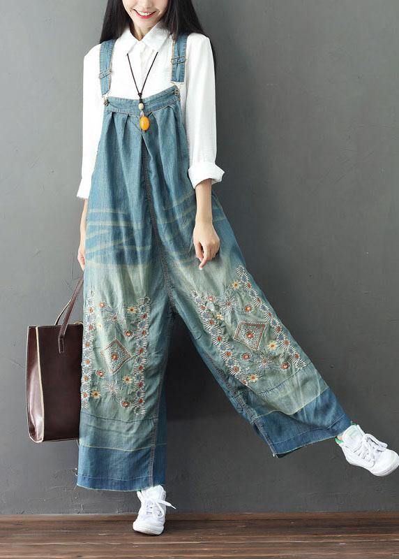 Handmade Blue Pockets Embroideried Button Fall Cotton Romper Outfit