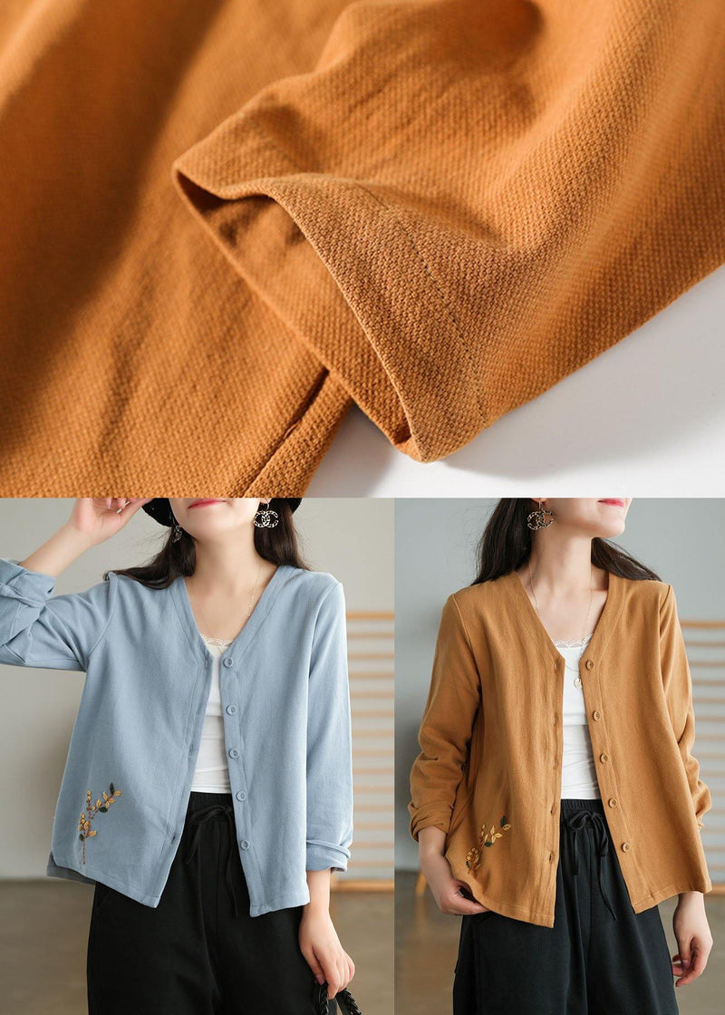 Unique Khaki Side Open Embroideried Fall Long Sleeve Shirt