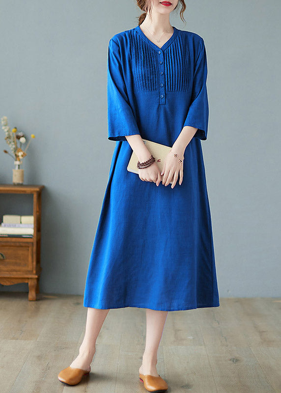 Blue Wrinkled Linen Long Dresses Half Sleeve