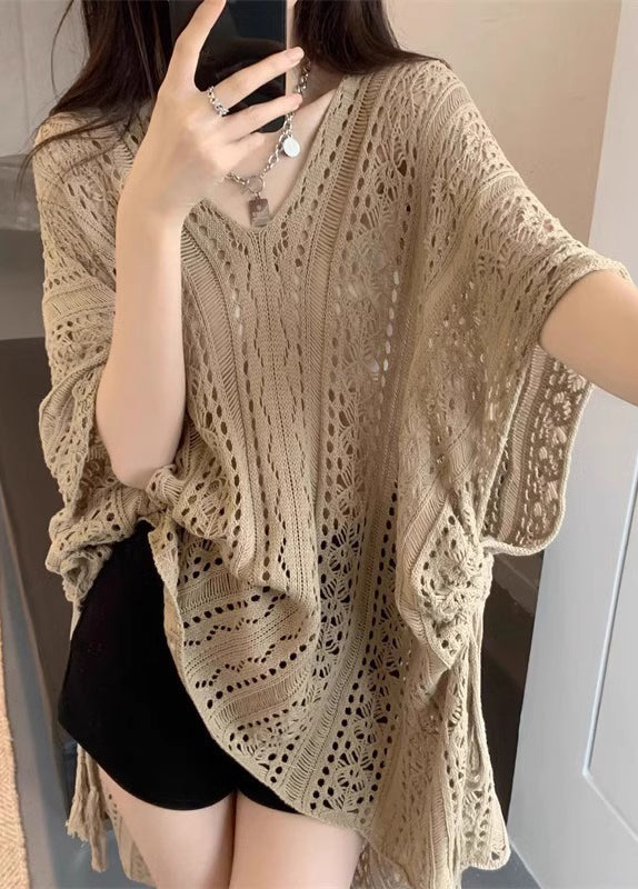 Khaki V Neck Hollow Out Knit Tops Half Sleeve