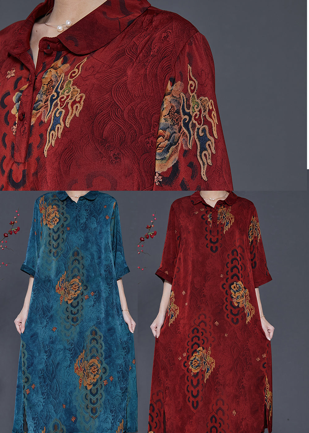 Blue Print Side Open Silk a Line Dress Summer