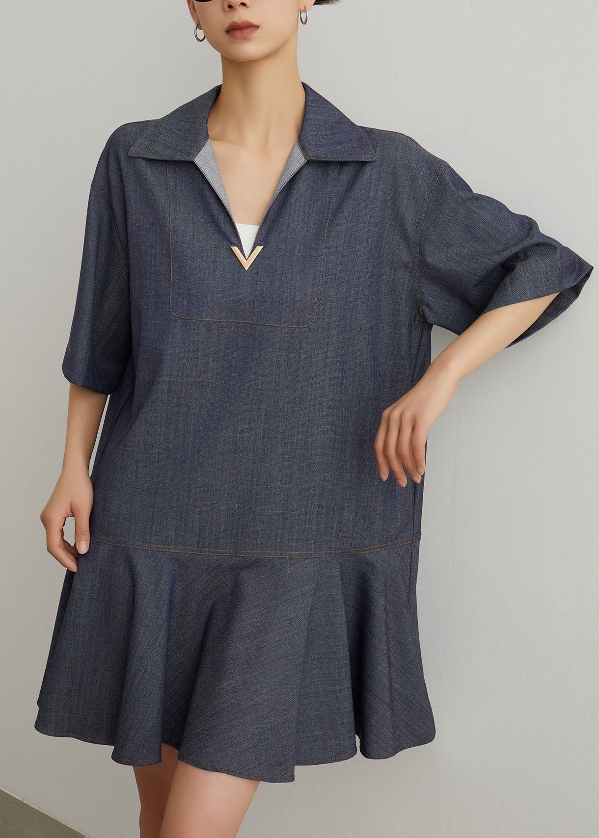 Art Blue Peter Pan Collar Patchwork Denim T Shirt Dress Summer