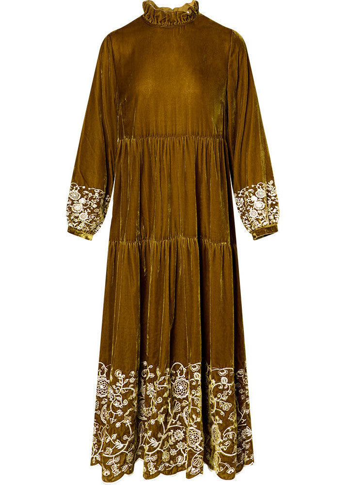 Yellow Ruffled Patchwork Print Velour Dress Spring