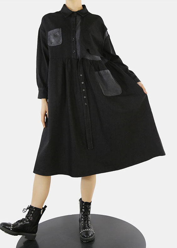 Style Black Asymmetrical Design Cinched Peter Pan Collar Denim Dress Spring