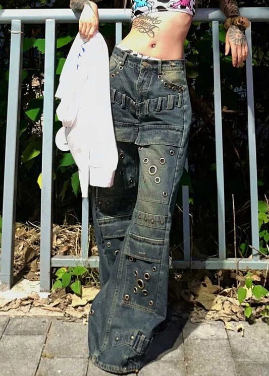 European and American Style Blue Rivet Denim Wide Leg Pants Spring