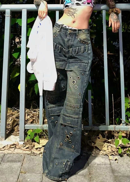 European and American Style Blue Rivet Denim Wide Leg Pants Spring