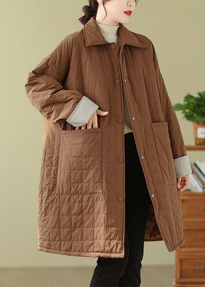 Coffee Peter Pan Collar Pockets Fine Cotton Filled Coat Winter