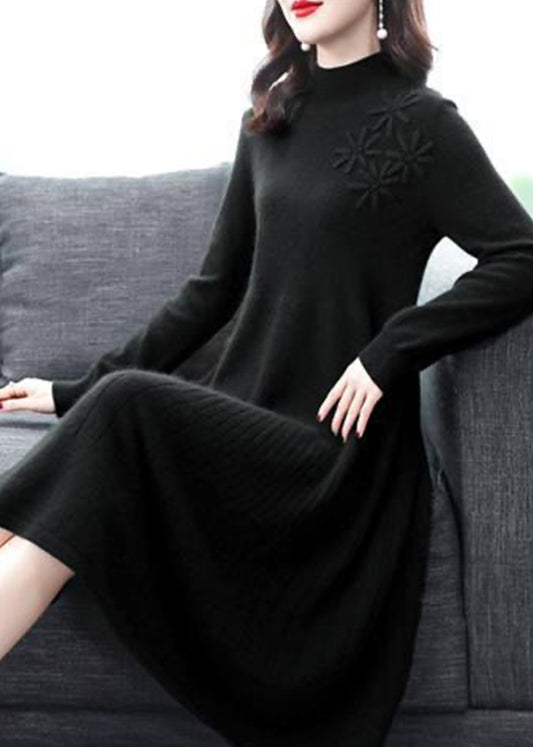 Black Patchwork Woolen Dress Embroideried Turtleneck Fall