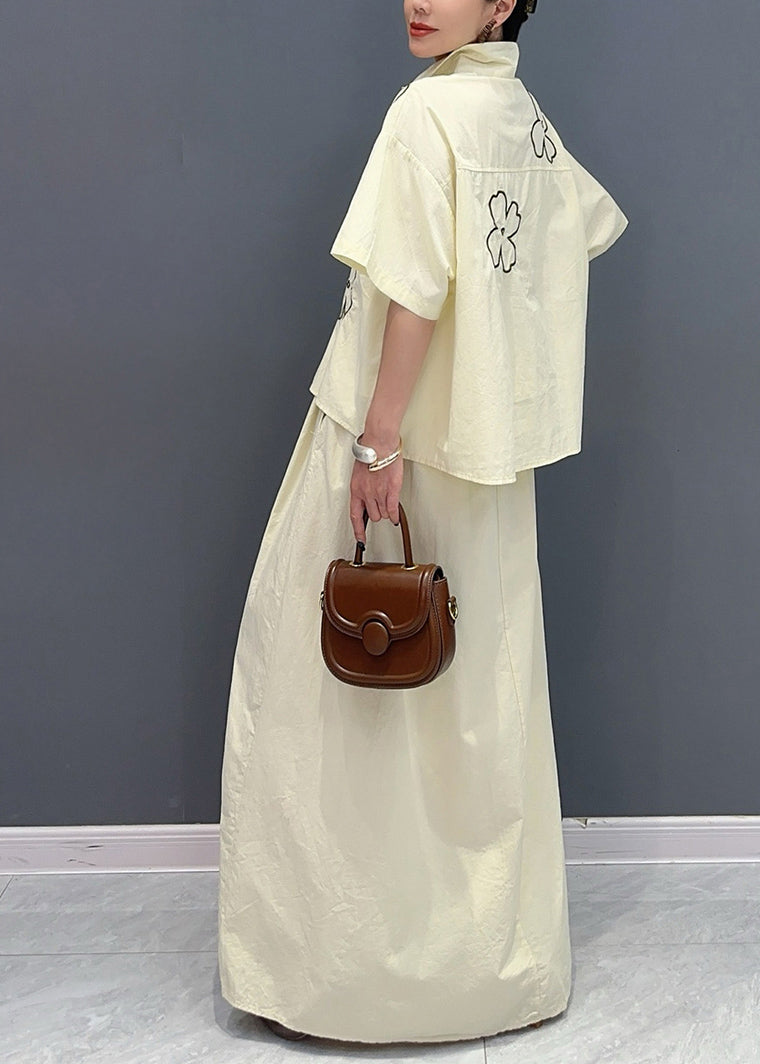 Apricot Peter Pan Collar Button Shirts and Maxi Skirts Two Piece Set Summer