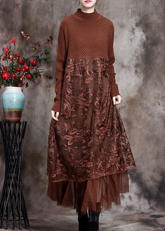 Chocolate O-neck Embroideried Patchwork Fall Long Knit Dress