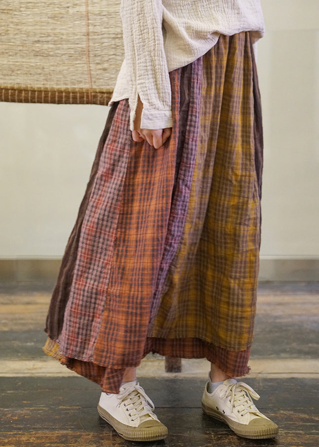 Handmade Colorblock Elastic Waist Plaid Patchwork Cotton Skirt Spring