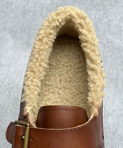 Chocolate Flat Shoes for Cowhide Leather Fuzzy Wool Lined Flat Shoes for