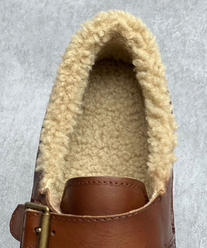 Chocolate Flat Shoes for Cowhide Leather Fuzzy Wool Lined Flat Shoes for