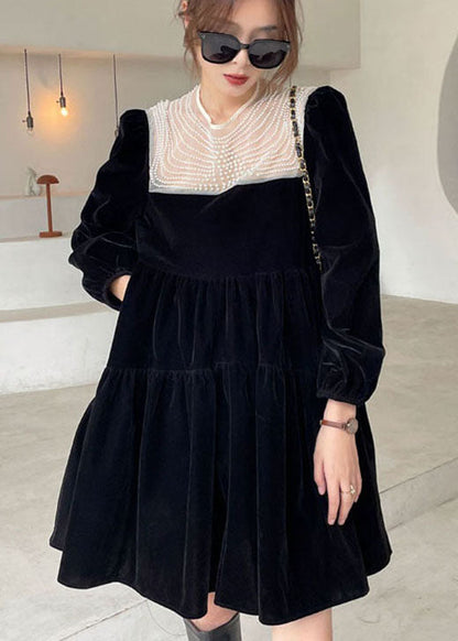 Black O-neck Nail Bead Velour Vacation Dress Spring