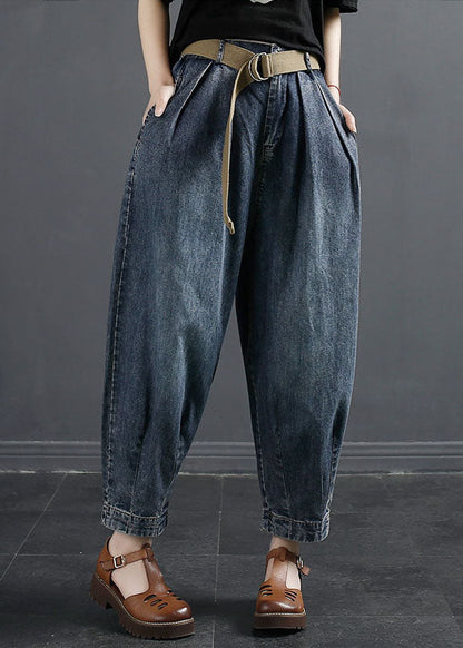 Denim Navy Pockets Patchwork High Waist Lantern Pants Fall