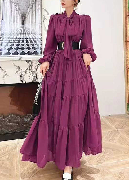 Purple Lace Up Wrinkled Patchwork Chiffon Dress Long Sleeve