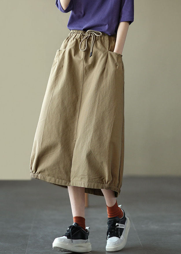 Light Green Elastic Waist Side Open Pockets Cotton Skirt Summer