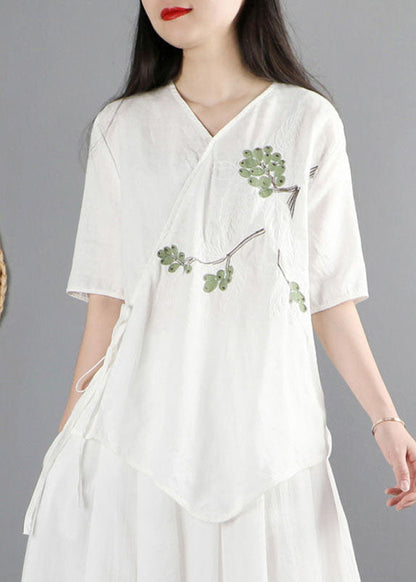 White V Neck Asymmetrical Design Cotton Tops Short Sleeve