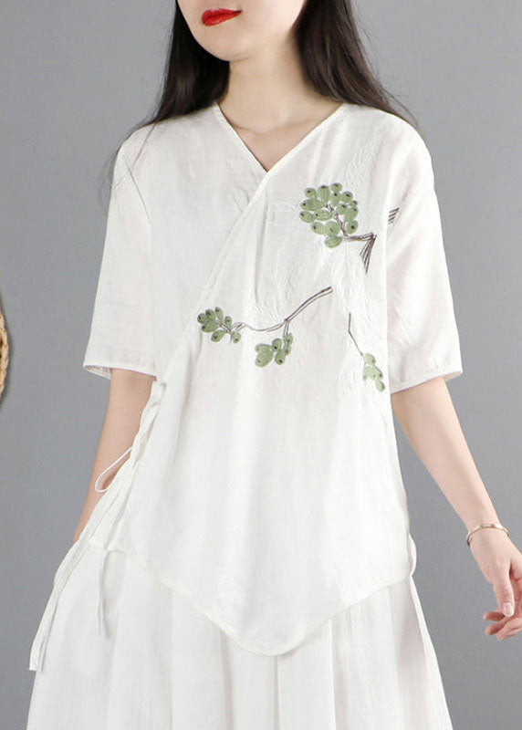 White V Neck Asymmetrical Design Cotton Tops Short Sleeve