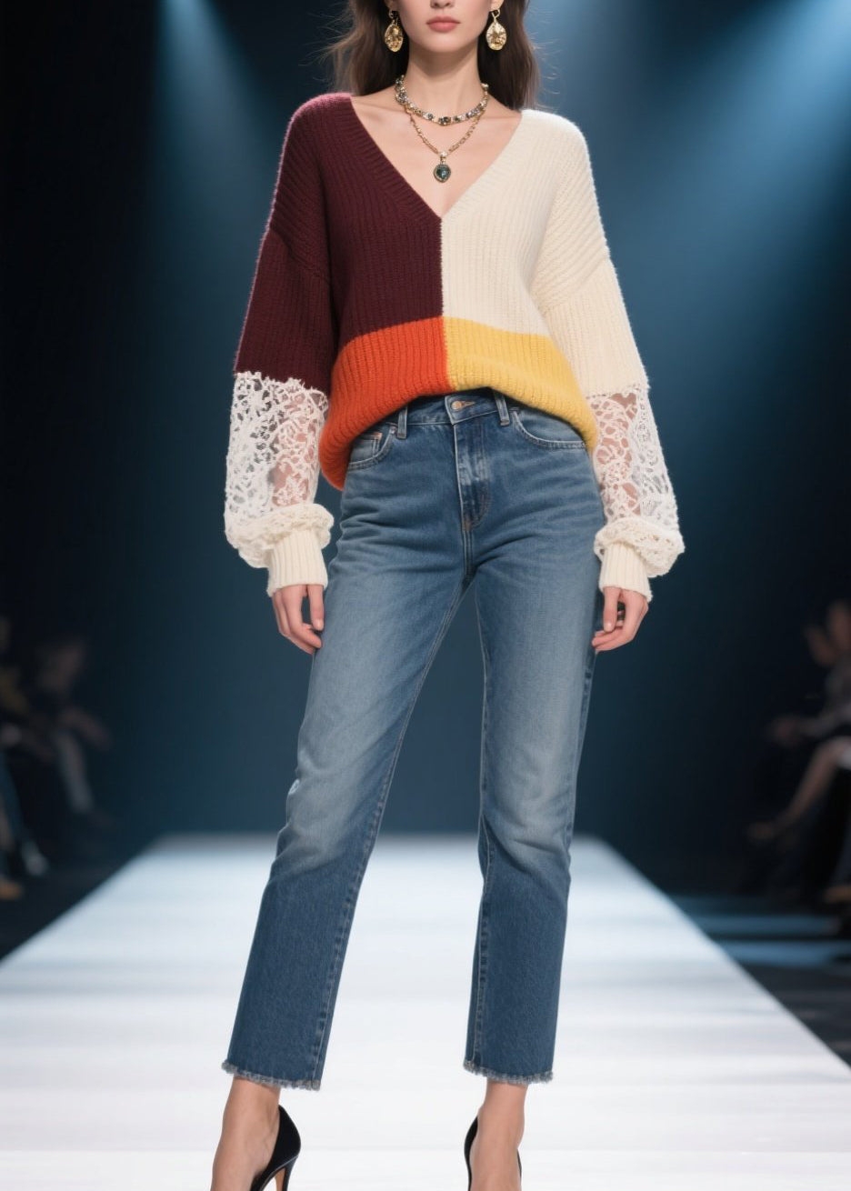 Colorblock V Neck Lace Patchwork Knit Sweater Fall