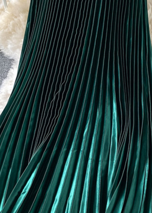 Green Satin Elastic Waist a Line Skirts Spring