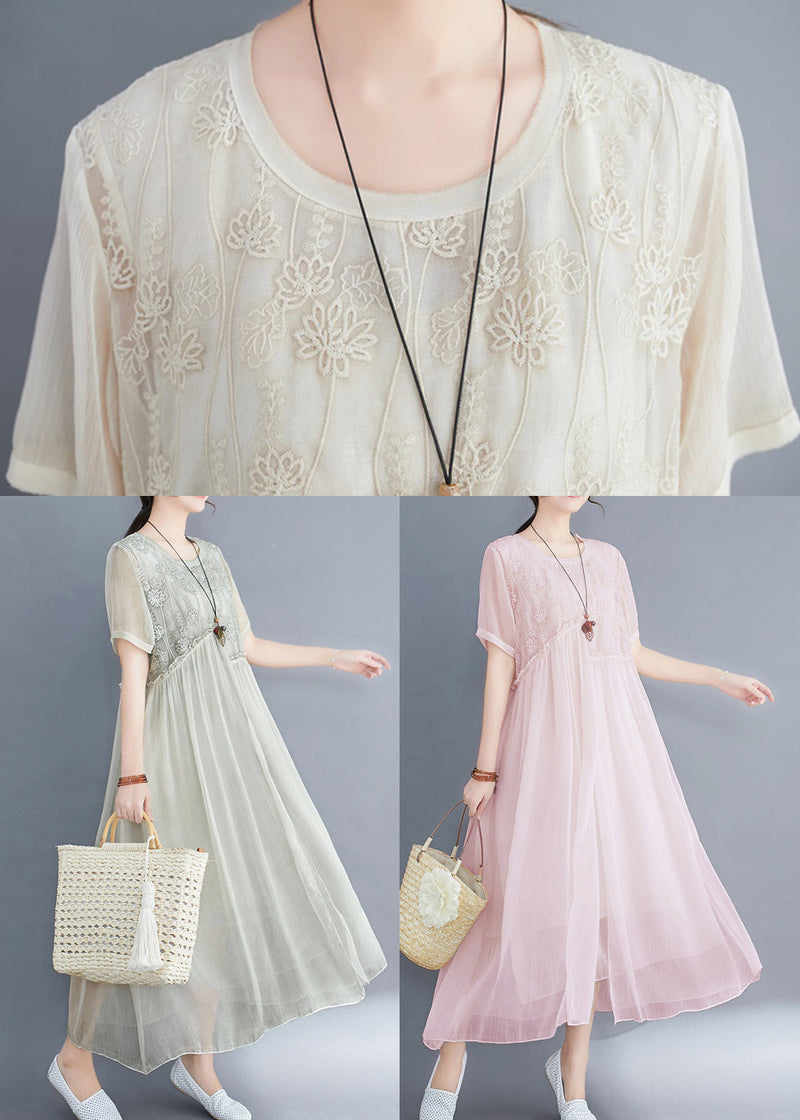 Apricot Asymmetrical Design Silk Dresses Short Sleeve
