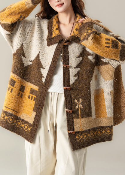 Jacquard Khaki Peter Pan Collar Button Knit Coat Spring