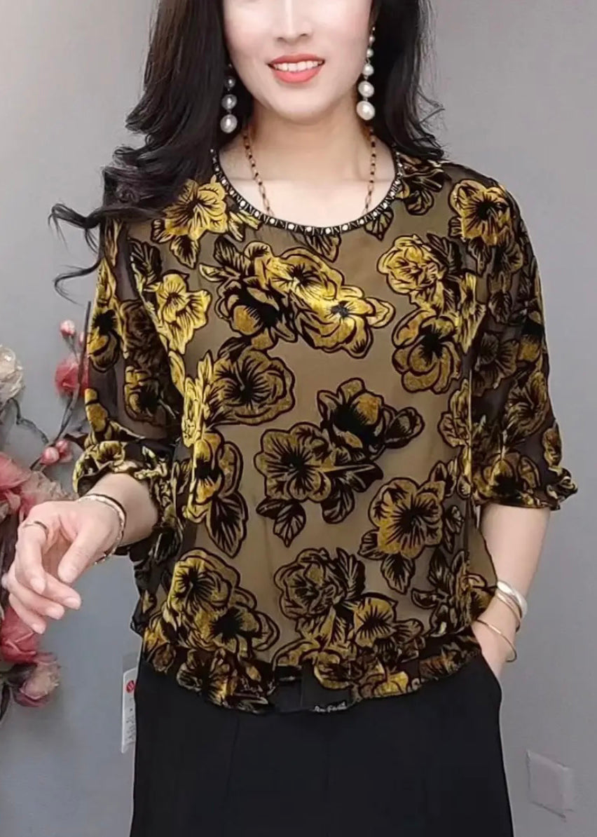 Black O Neck Loose Silk Velour T Shirts Bracelet Sleeve