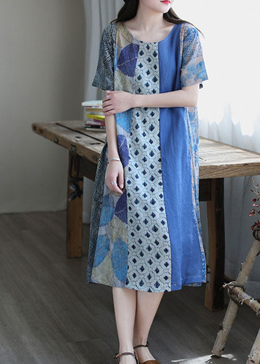 Simple Blue O-neck Print Short Sleeve a Line Fall Dress