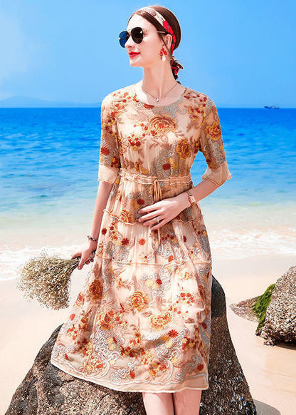 Handmade Apricot O-neck Embroideried Ruffled Silk Cinch Dresses Short Sleeve