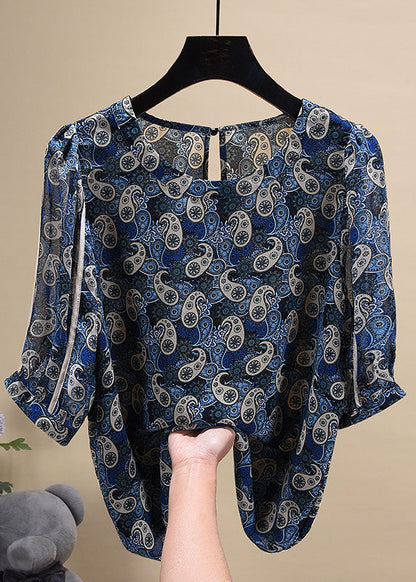 Style Khaki Print O-neck Patchwork Button Chiffon Blouse Tops Short Sleeve