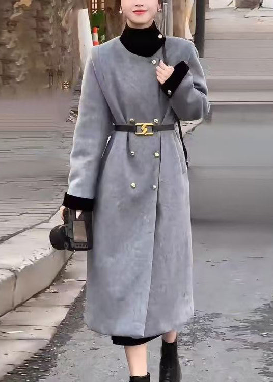 Grey Double Breast Sashes Woolen Long Coats Spring