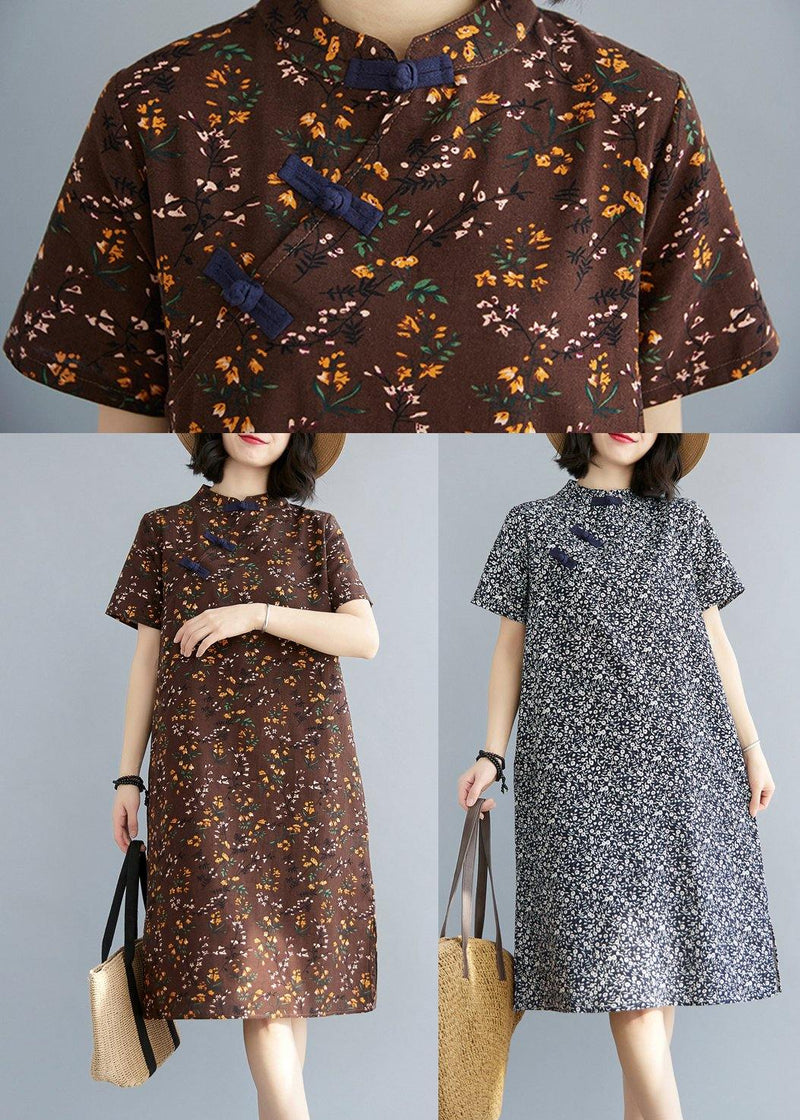 Simple Chocolate Print Oriental Maxi Summer Cotton Dress